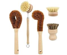 HELLOGIRL Juego de cepillos de Limpieza de Fibras de Coco de 5 Piezas Cepillo de Plato de Palma con Mango de Madera para Limpiar Platos de Cocina