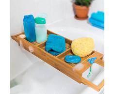 Relaxdays 10019196 Bandeja para bañera Extensible de bambú, 7 x 67,5 x 21 cm Ancho Ajustable para Cualquier bañera y 2 Soportes, Color marrón