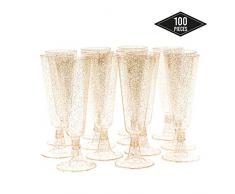 100 Copas Flautas de Champán de Plástico Desechables, Brillo Dorado 150ml| Elegante, Resistente y Reutilizable| Vasos Alargadas Champagne para Fiestas Cumpleaños Boda Navidad Año Nuevo.