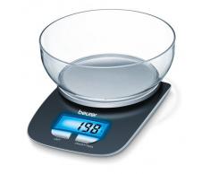 Beurer KS 25 Balanza de cocina con bol transparente, funciÃ³n auto-tara, 3 kg/1 gr, pantalla LCD azul (6.6 x 2.8 cm), altura pantalla 2.2 cm, color negro plata