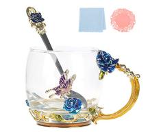 WAYDAY Taza de cristal esmaltada: 320ML Copa azul cristalina rosa y cuchara de esmalte a juego - Taza de cristal artesanal de alto detalle en una lujosa caja lista para regalar