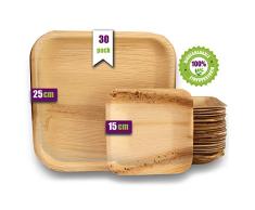 Platos desechables de hoja de palma 30 Piezas, 25 Platos cuadrados de 25 cm y 5 Platos de 15 cm. vajilla rustica de madera para barbacoas y fiesta de cumpleaños. Biodegradable libre de plástico.
