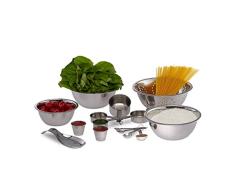 Relaxdays Juego de 15 utensilios de cocina, Boles para mezclar, Cucharas y tazas medidoras, Plateado, Acero inoxidable