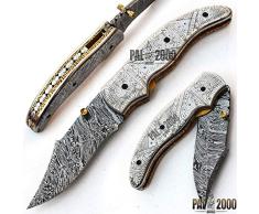 PAL 2000 Cuchillo Plegable, Navaja de Bolsillo, Cuchillo Hecho a Mano Personalizado, Cuchillo de Acero de Hoja de Damasco, con Funda de Cuero, Cuchillo Hecho a Mano, Cuchillo Forjado a Mano 9631