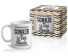 Taza Cerámica para Desayuno en Color Blanco de 300 ml, Un Regalo Original con Frases Motivadoras - "Sonríe que la vida vuela"