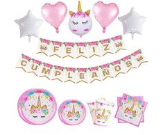 79 Piezas–Vajilla Diseño de Unicornio Desechable para 12-16 personas- Perfecto para decoraciones de fiesta de cumpleaños para niñas-Incluye platos,servilletas,vasos,guirnalda,globos y cinta de papel