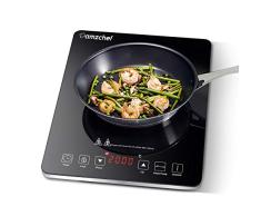 AMZCHEF Placa inducción, eléctrica Placa de inducción con Superficie de Vidrio de Pulido Negro, diseño portátil Ultra Delgado, Sensor de Control táctily Cerradura de Seguridad,2000W, Temporizador