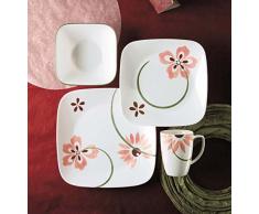 World Kitchen Corelle - Juego de vajilla de 16 Piezas, de Vidrio Vitrelle Resistente a Las roturas y Las desportilladuras, Modelo Pretty Pink, Servicio para 4 Personas, Color Rosa/Verde