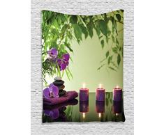 ABAKUHAUS Zen Tapiz de Pared, SPA Velas de orquídeas en Flor, para el Dormitorio Apto Lavadora y Secadora Estampado Digital, 150 x 200 cm, Helecho Verde Púrpura Verde Pálido