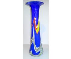 Jarrón estrecho de cristal coloreado, alto florero decorativo de vidrio soplado a boca en colour azul con una decoración de vidrio coloreado altura aprox. 35 cm, diseñado y fabricado por la Oberstdorfer Glashuette