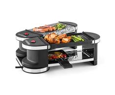 Klarstein Tenderloin Mini 50/50 Raclette - Parrilla de mesa - Barbacoa-Party - 600W - 4 Comensales - 4 mini-sartenes - Antiadherente - Articulación regulable 360° - Negro-plateado