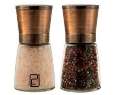 Set Molinillo de Sal y Pimienta - Mejor Acero Inoxidable Cobrizo para Cocineros, Tapas Magnéticas Prácticas, Molinillos de Especias Cerámica Lisa con Tosquedad Ajustable