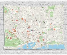 ABAKUHAUS Mapa Tapiz de Pared, Calles De Barcelona Parques, para el Dormitorio Apto Lavadora y Secadora Estampado Digital, 150 x 100 cm, Amarillento Verde Lima Azul Pálido