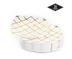 20 Elegantes Platos Pequeños Desechables de Plástico Duro con Patrón Dorado, 18cm| Platos de Postre Resistentes y Reutilizables| Vajilla Desechable Dorado para Catering Bodas Fiestas Navidad.