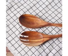 Cubiertos cuberteria ensalada de madera de acacia - El juego de 2 incluye un tenedor y una cuchara Cuchara de ensalada retro de madera reutilizable y ecológica,2pieces