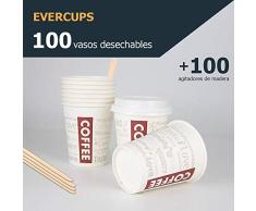 Evercups 100 Vasos Desechables de Café para Llevar - Vasos Cartón 200ml / 8oz y Agitadores de Madera para Servir el Café, el Té, Bebidas Calientes y Frías. 100% reciclable. Tazas Cafe. Coffee to go