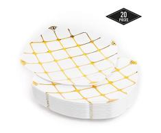 20 Elegantes Platos Desechables de Plástico Duro con Patrón Dorado, 25cm| Resistentes y Reutilizable| Vajilla Desechables Oro para Catering Bodas Fiestas Navidad.