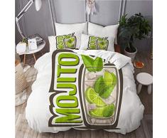 BEITUOLA Juego de Funda de Edredón,Barra Verde Alcohol Cóctel Mojito Vaso Lleno Comida Larga Bebida Bebida Caipirinha Cítrico Frío Claro,Microfibra Funda de Nórdico y Fundas de Almohada(200x200cm)