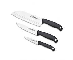 3 Claveles Set Cuchillos, Verduras 9cm + Cocina 13,5cm + Santoku 18cm, línea EVO, Acero Inoxidable
