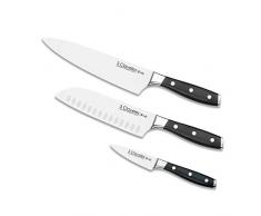 3 Claveles 28007 Set Cuchillos Cocina: Verduras 9cm + Santoku 18cm + Cocinero 20cm, Línea Toledo, Acero Inoxidable, Plata