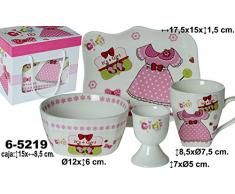 DonRegaloWeb - Vajilla infantil de 4 piezas en cerámica con bandeja, bol, huevera y mug en color blanco y rosa