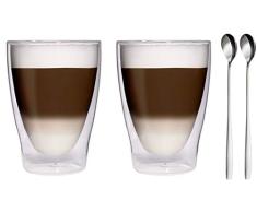 2 x 280 ml XL Doble pared Vasos térmicos + 2 x Cucharas de acero inoxidable - Vasos para Latte Macchiato/vasos/Té helado cóctel de/Zumo de agua y vasos -