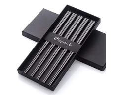5 pares de palillos, juego de palillos de acero inoxidable 304, reutilizable, metal 18/10, para sushi, vajilla de cena cuadrada hueca negro