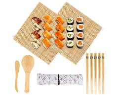 PHOAGRY 10 PCS Hacer Sushi kit Sushi Maker - 2 Esterilla sushi de Bambú, 1 Esparcidor de Arroz, 1 Cuchara (Paleta de Arroz), 5 pares de Palillos Sushi con 1 Bolsa para Cocineros y Principiantes