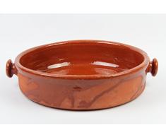 Cazuela de barro, hecha a mano tradicionalmente. Medidas exteriores con asas 35,5cm diámetro Interiores 32cm diámetro. 8 cm altura. De muy buena calidad. Totalmente artesanal