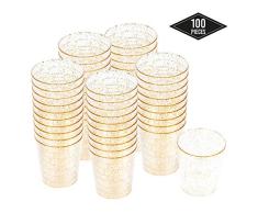 100 Vasos de Chupito Desechables de Plástico Duro con Elegante Brillo Dorado, 2oz(60ml) - Reutilizable, Material Ecológico - Vasos para Shots para Chupitos Vodka Jelly Bodas Fiestas de Navidad.