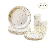 Platos Desechables y Vasos Cumpleaños, Set Vajilla Desechable Biodegradables 90 Piezas con Patrón Dorado Fiesta Boda - 30 Vasos de Papel 270ml - 30 Platos de Postre 7- 30 Platos Grandes 9