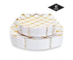 40 Elegantes Platos Desechables de Plástico Duro con Patrón Dorado| 20 Platos Grandes y 20 Platos Postre| Resistentes y Reutilizable - Vajilla Desechables Oro para Catering Bodas Fiestas Navidad.