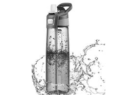 Newdora Botella de Agua Deportes 750ml, Botella Agua Niños Sin BPA, con Pajita, Cepillo de Limpieza y Tapón a Prueba de Fugas, Botella Agua Deportiva para Niños, Adultos, Sport, Gimnasio, Trekking