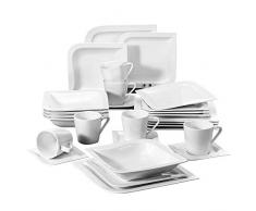 Malacasa, Series Joesfa, Vajilla de porcelana, 30 Piezas, Juego de Café, con 6 Tazas, 6 Platos Llanos, 6 Platos, 6 Platos de Postre, 6 Platos de Hondos, para 6 Personas Color Blanco