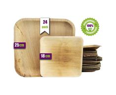 Platos desechables de hoja de palma 24 Piezas, 12 Platos cuadrados de 25 cm y 12 Platos de 18 cm. vajilla rustica de madera para barbacoas y fiesta de cumpleaños. Biodegradable libre de plástico.