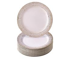 VAJILLA PARA FIESTAS DESECHABLE DE 20 PIEZAS | 20 platos de ensalada o postre| Platos de plástico resistente desechables | Para bodas y comidas de lujo | (Ocean Mist Collection - Blanco/Oro | 19 cm)