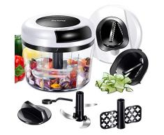 4 en 1 Cortador Manual de Verduras,870ml Picadora de Alimentos con 3 Cuchillas de Acero Inoxidable,Mezaclador para Huevo,2 Cuchillas en Espiral,Protector de Manos para Carne,Verduras