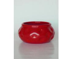 Centro de mesa de barro rojo, hecho a torno alfarero y esculpido a mano despues con diseño de superficie abollada, esmaltado en color rojo, disponible en varios colores y en un tamaño mayor. Firmado y etiquetado por nuestro taller