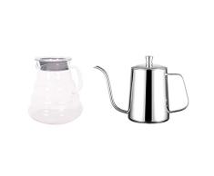 Casinlog 2 piezas soporte de montaje de mano ponchera de café con tapa goteo cuello de cisne boca larga café tetera – plata 600 ml acero inoxidable y cristal transparente 800 ml