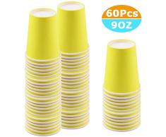 60 Piezas Vasos de Papel Amarillo Tazas de Fiesta Desechables Vasos Carton de Biodegradables y Compostables para Fiestas, Suministros de Cumpleaños, Bricolaje,Café - 250ml