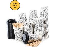 80 Vasos Desechables de Café Para Llevar - Vasos Carton 360 ml 12 Onzas con Tapas y Agitadores de Madera para Servir el Café, el Té, Bebidas Calientes y Frías