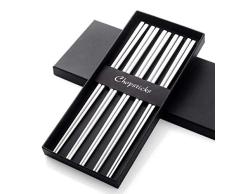5 pares de palillos chinos de acero inoxidable reutilizables de metal 304 18/8 forma cuadrada hueca para juego de vajilla de sushi plata
