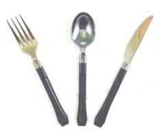 Cubertería de 36 Plata aspecto de plástico con mango negro (desechables de plástico - Cubertería para fiestas (Cena/Almuerzo) Festival Vajilla Cuchillo Cuchara Tenedor
