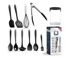 Utensilios de cocina de silicona (juego de 11), resistentes al calor, antiadherentes; incluye: Espátula, cuchara con ranuras, cuchara, tenedor de pasta, pinzas, volteador, batidor, cucharón (negro)
