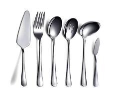 HOMQUEN 6 Piezas de Negro Juego de Cubiertos,Incluye Servidor de Pastel, Cuchara Ranurada para Servir, Cuchara para Servir, Tenedor para Carne Fría, Cuchillo para Mantequilla, Cucharón para Sopa