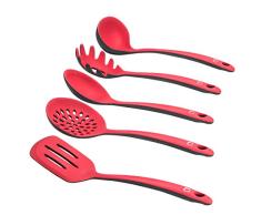 Levivo Set de utensilios de cocina de silicona / 5 cubiertos de cocina, menaje de cocina, utensilios de cocina, paleta, espumadera, cucharón, cuchara para espaguetis, cuchara salsera, rojo/negro