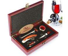 YOBANSA Juego de sacacorchos de camarero, juego de accesorios de vino, juego de abridor de botellas de vino, tapón de vino, vertedor de vino, anillo de vino y juego de termómetro(caja rojiza 5 piezas)