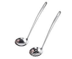 Newness 2 piezas Cucharón y Espumadera de Cocina, Espumadera Cazo para Sopa 304 Acero INOX Inoxidable, Mango largo de engrosamiento para servir y scooping salsas, salsa y más, 24.8cm (L) X 6.3cm (D)