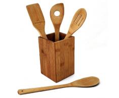 Juego de utensilios de cocina de bambú 5-unidades - Cesta de cubiertos - cuchara de cocina - espátula perforada - Agujero cucharón - espátula
