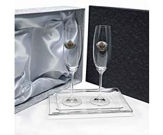 Set/Estuche de 2 Copas de champán para Novios, Bodas de Plata/Oro, Aniversarios + Bandeja de Cristal, colección GASTRO-50 Aniversario, Aplique bilaminado.